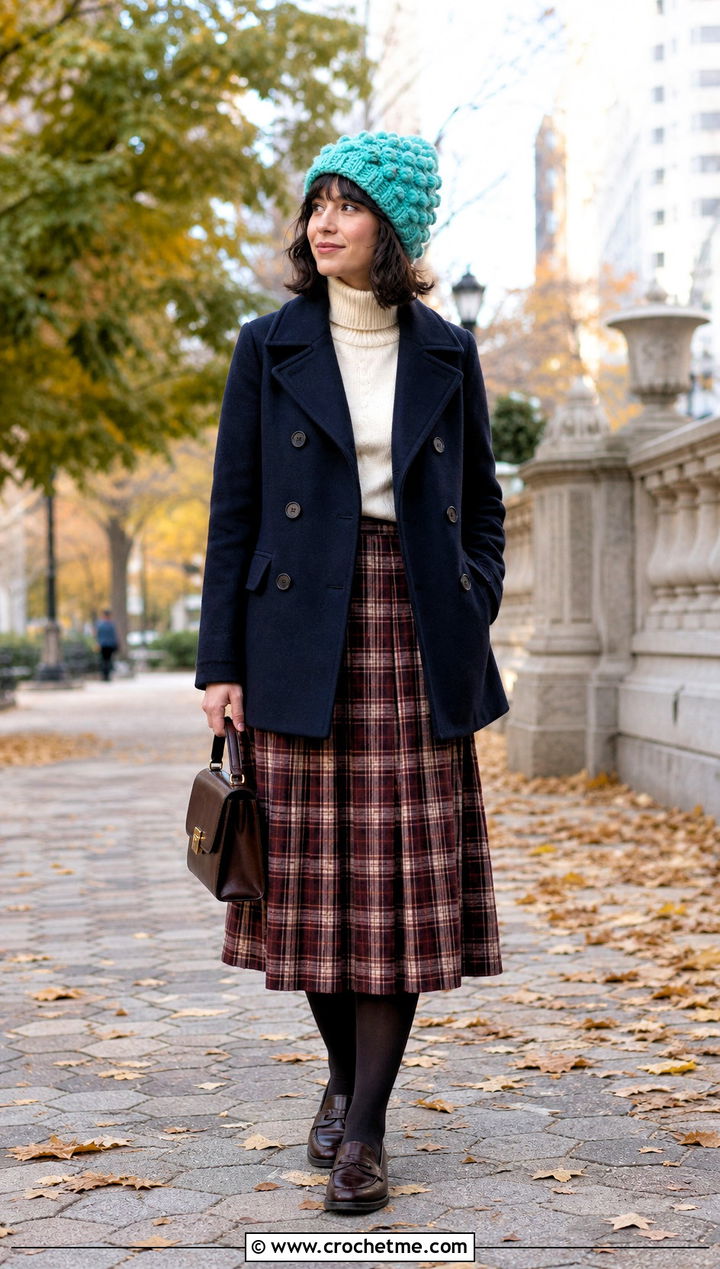 Bobble Stitch Crochet Beanie With Peacoat And Plaid Skirt - 35 crocheted beanies outfit ideas