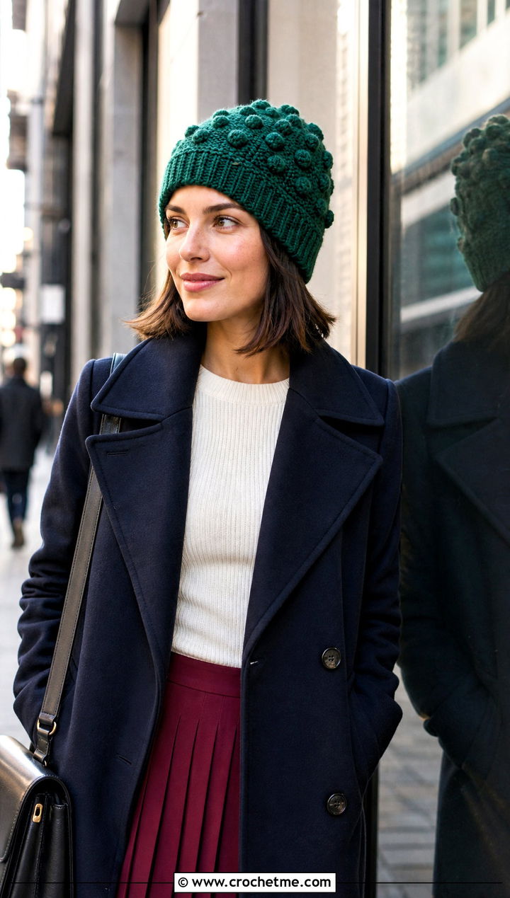 Bobble Stitch Crochet Beanie With Peacoat And Pleated Skirt - 25 beginner crochet beanie outfit ideas