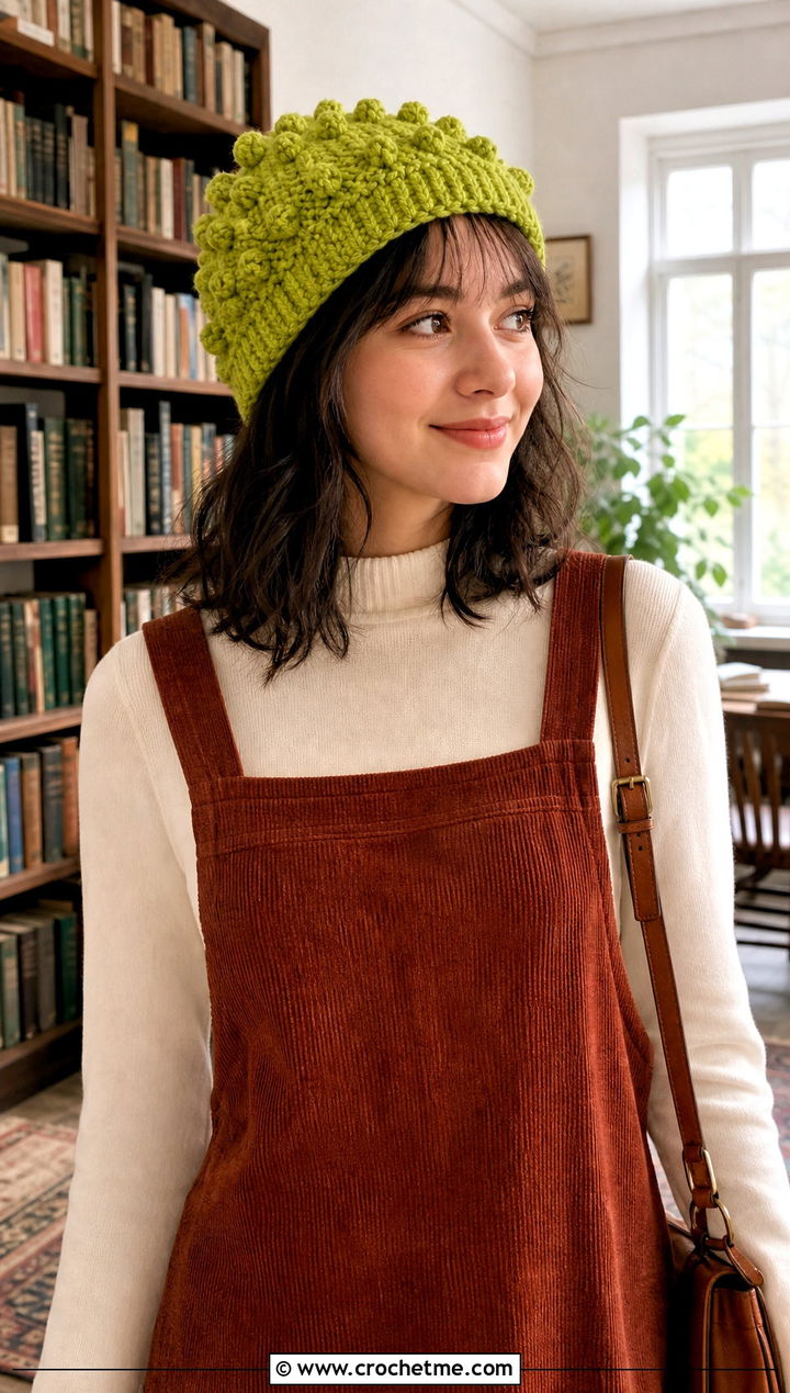 Bobble Stitch Crochet Beanie With Pinafore Dress - 25 country cottage crochet beanie outfit ideas
