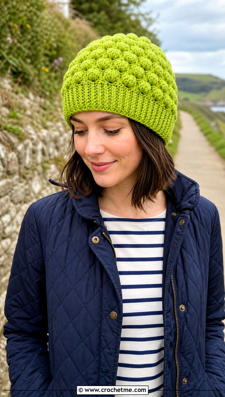 Bobble Stitch Crochet Beanie With Quilted Jacket And Chinos - 25 Fast Crochet Beanie outfit ideas
