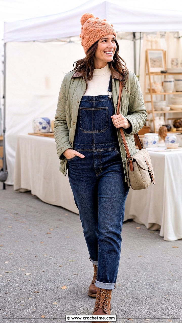 Bobble Stitch Crochet Beanie With Quilted Jacket And Overalls - 35 crochet beanie hat outfit ideas