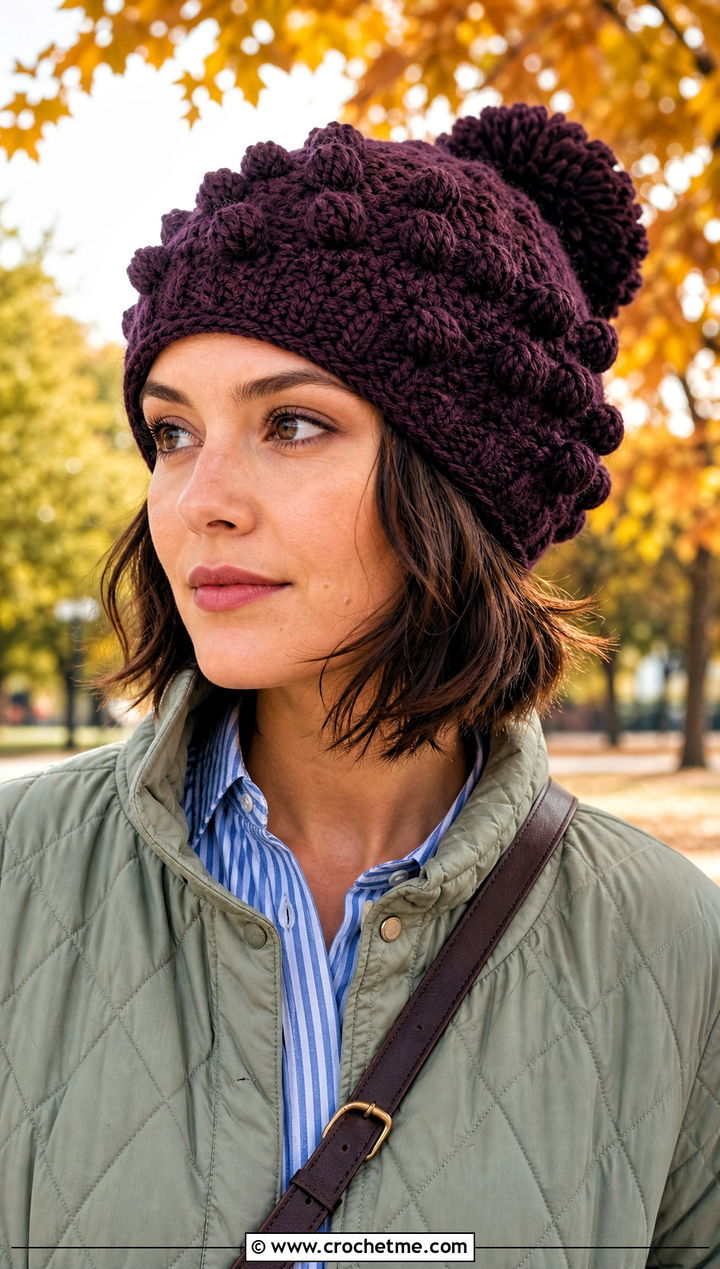 Bobble Stitch Crochet Beanie With Quilted Jacket And Relaxed Jeans - 15 Crochet Woolly Hat outfit ideas