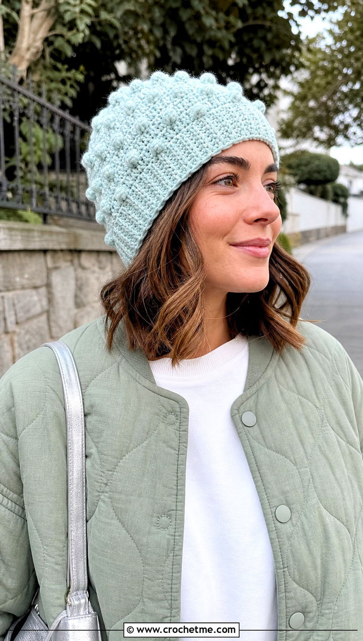 Bobble Stitch Crochet Beanie With Quilted Jacket - 25 3 Weight Yarn Crochet Beanie outfit ideas