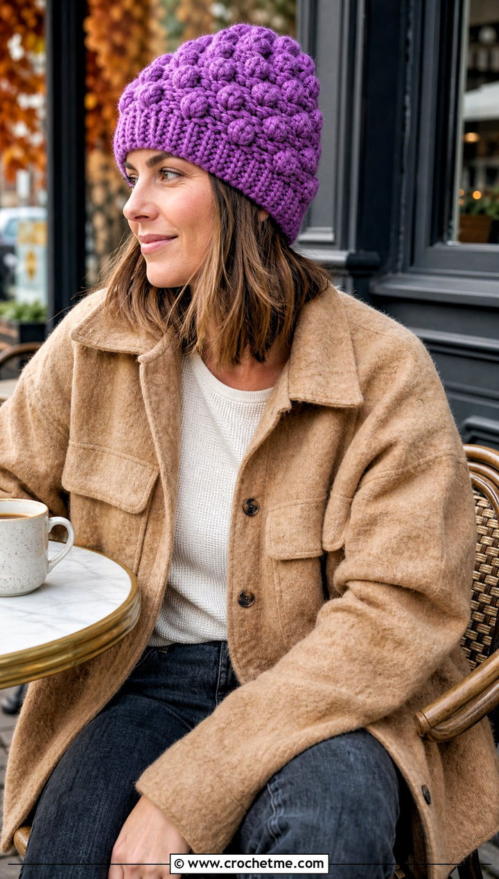 Bobble Stitch Crochet Beanie With Shacket And Straight Jeans - 30 crochet fall beanie outfit ideas