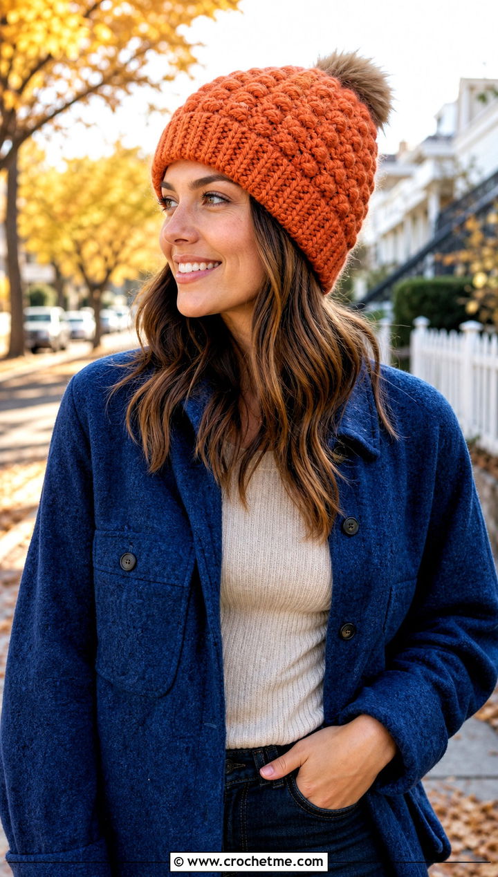 Bobble Stitch Crochet Beanie With Shacket - 25 Fall Crochet Beanie outfit ideas