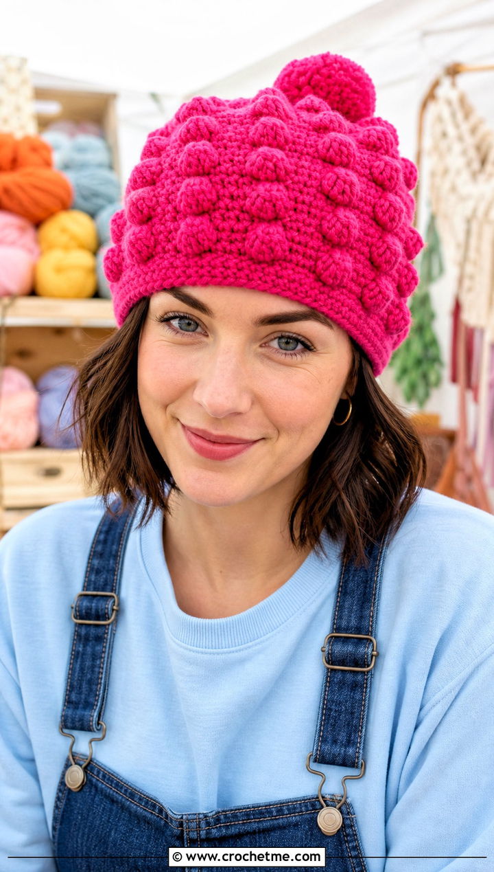 Bobble Stitch Crochet Beanie With Sweatshirt And Overalls - 25 Crochet Beanie Size 4 Yarn outfit ideas