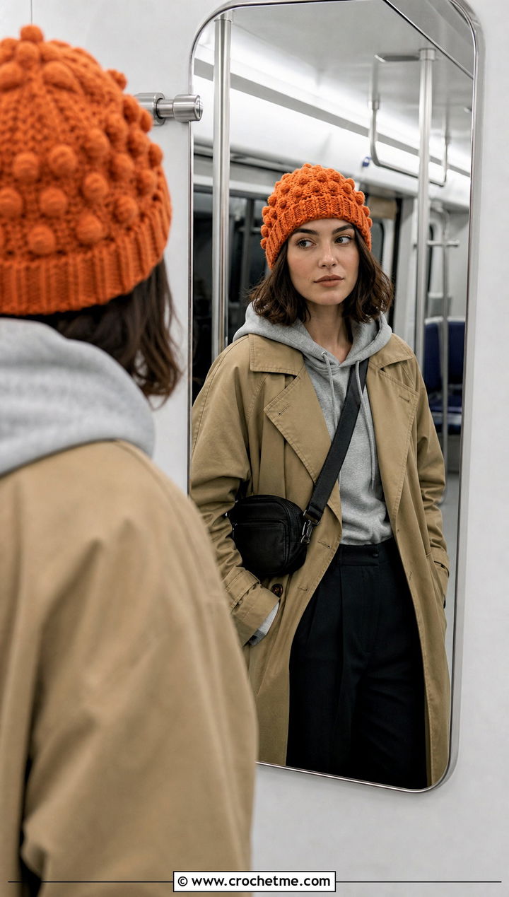 Bobble Stitch Crochet Beanie With Trench Coat - 25 Taylor Swift Crochet Hat outfit ideas