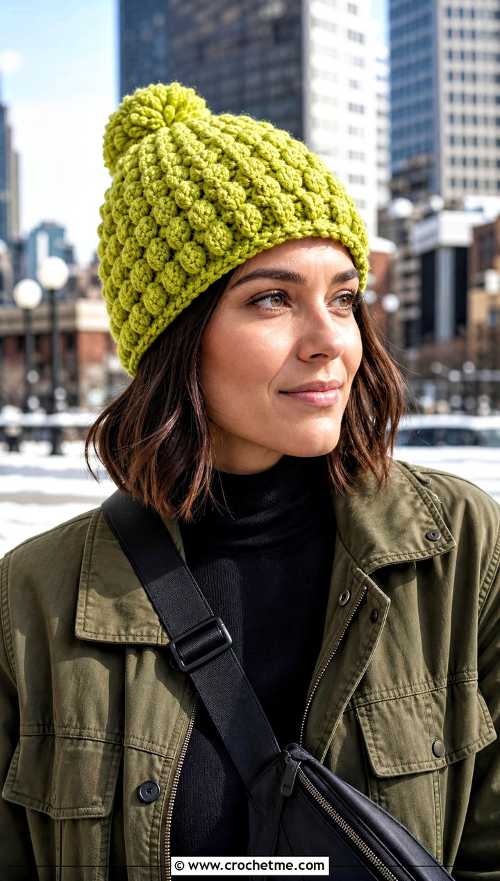 Bobble Stitch Crochet Beanie With Utility Jacket - 30 winter crochet beanie outfit ideas