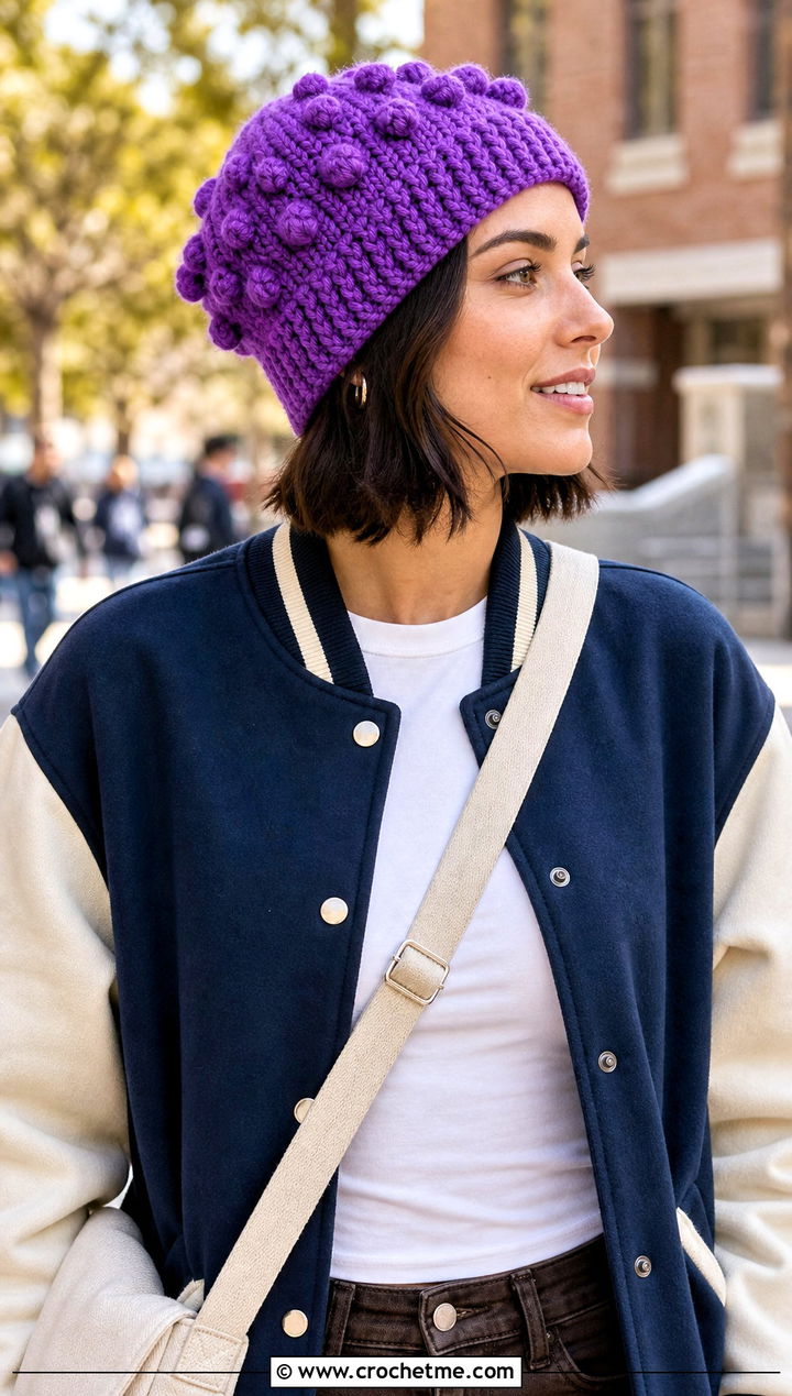 Bobble Stitch Crochet Beanie With Varsity Jacket - 30 Quick Crochet Beanie outfit ideas
