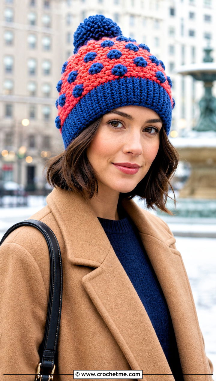 Bobble Stitch Crochet Beanie With Wrap Coat And Jeans - 30 two color crochet beanie outfit ideas