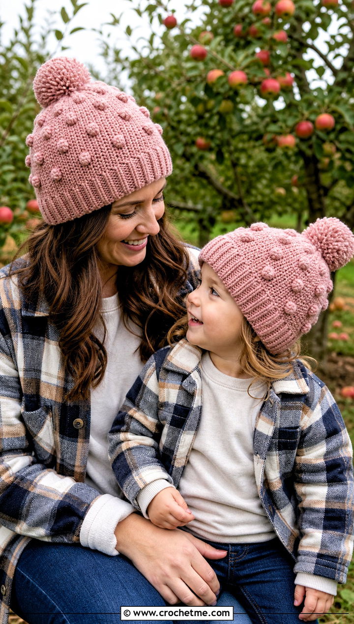 Bobble Stitch Crochet Beanies With Plaid Shackets - 25 crochet mommy and me hats outfit ideas