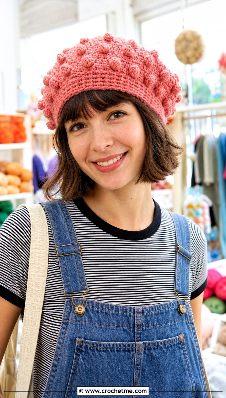 Bobble Stitch Crochet Beret With Overalls And Striped Tee - 30 crochet berets outfit ideas
