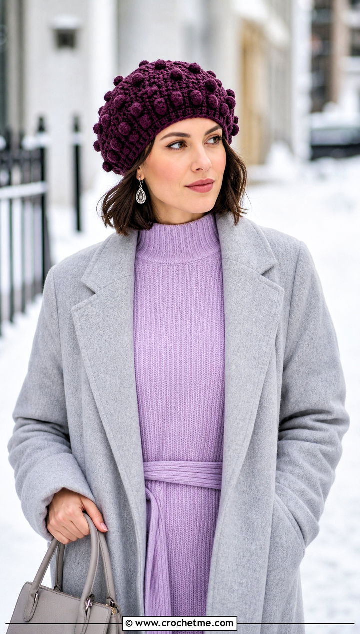 Bobble Stitch Crochet Beret With Sweater Dress And Boots - 15 simple crochet beret outfit ideas