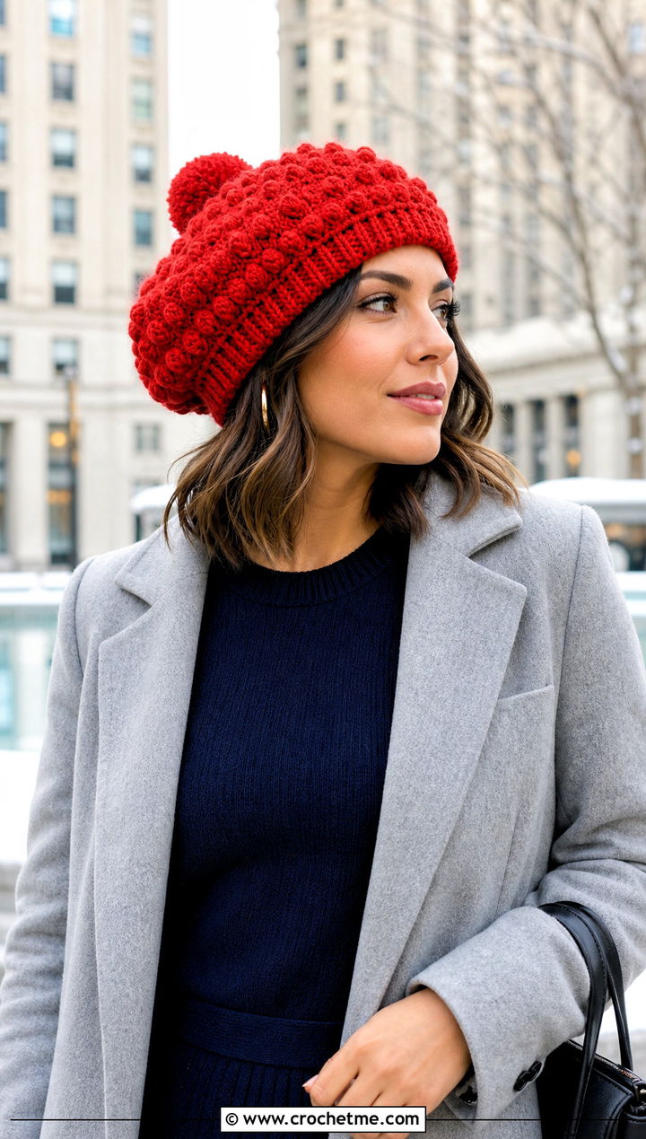 Bobble Stitch Crochet Beret With Sweater Dress - 20 crochet beret hat outfit ideas