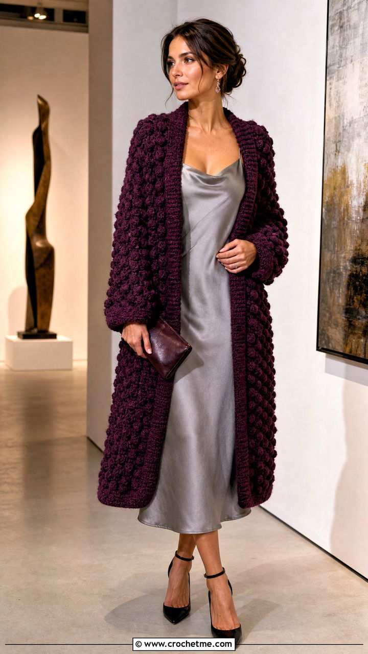 Bobble Stitch Crochet Blanket Cardigan With Satin Slip Dress - 35 crochet blanket cardigan outfit ideas