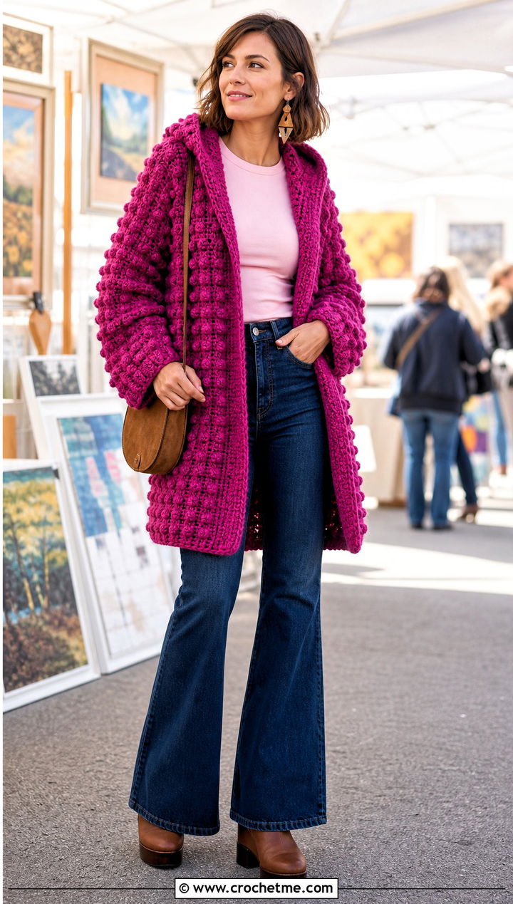 Bobble Stitch Crochet Blanket Hoodie With Flared Jeans - 30 crochet blanket hoodie outfit ideas