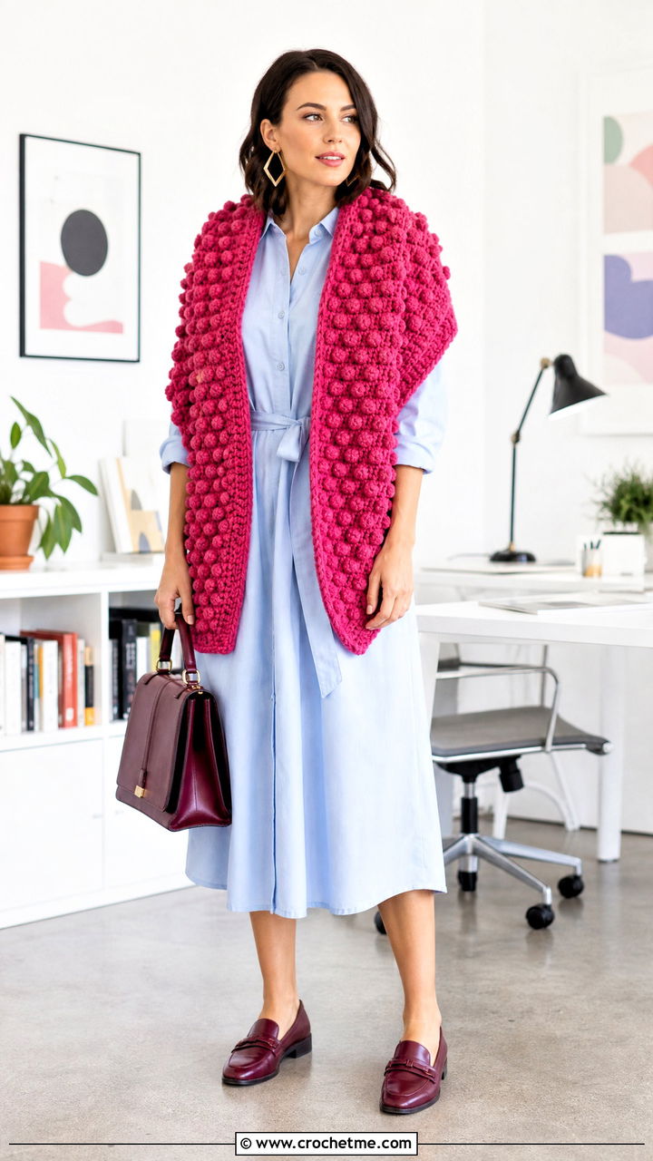 Bobble Stitch Crochet Blanket Scarf With Shirt Dress - 35 crochet blanket scarf outfit ideas