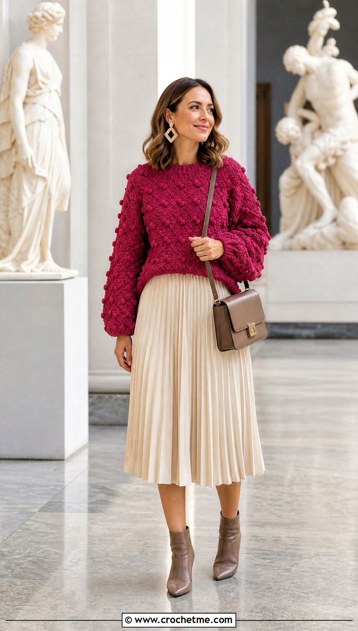 Bobble Stitch Crochet Boho Sweater With Pleated Skirt - 30 crochet boho sweater outfit ideas