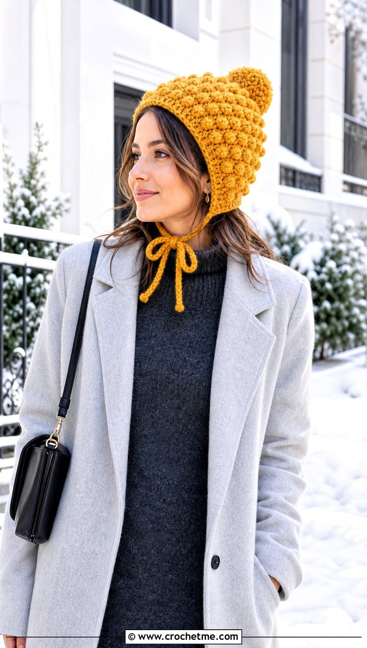 Bobble Stitch Crochet Bonnet With Sweater Dress - 25 Easy Crochet Bonnet outfit ideas