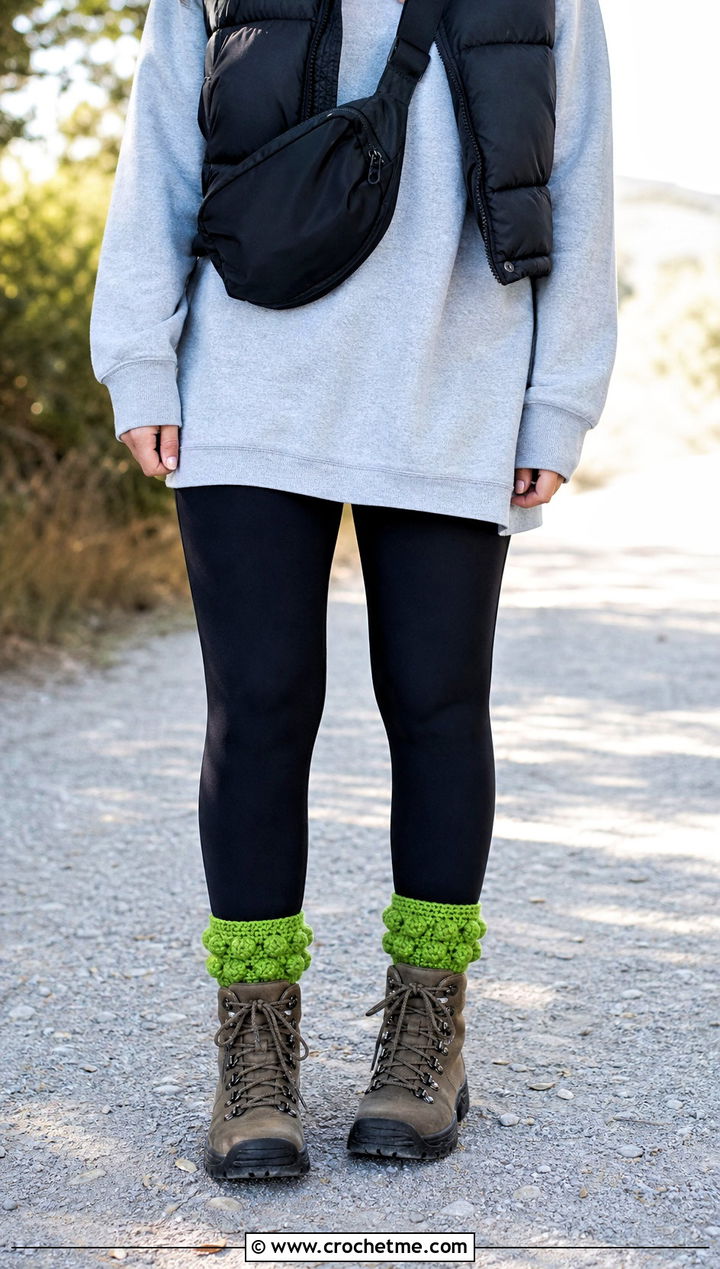 Bobble Stitch Crochet Boot Cuffs With Leggings - 35 crochet boot cuffs outfit ideas
