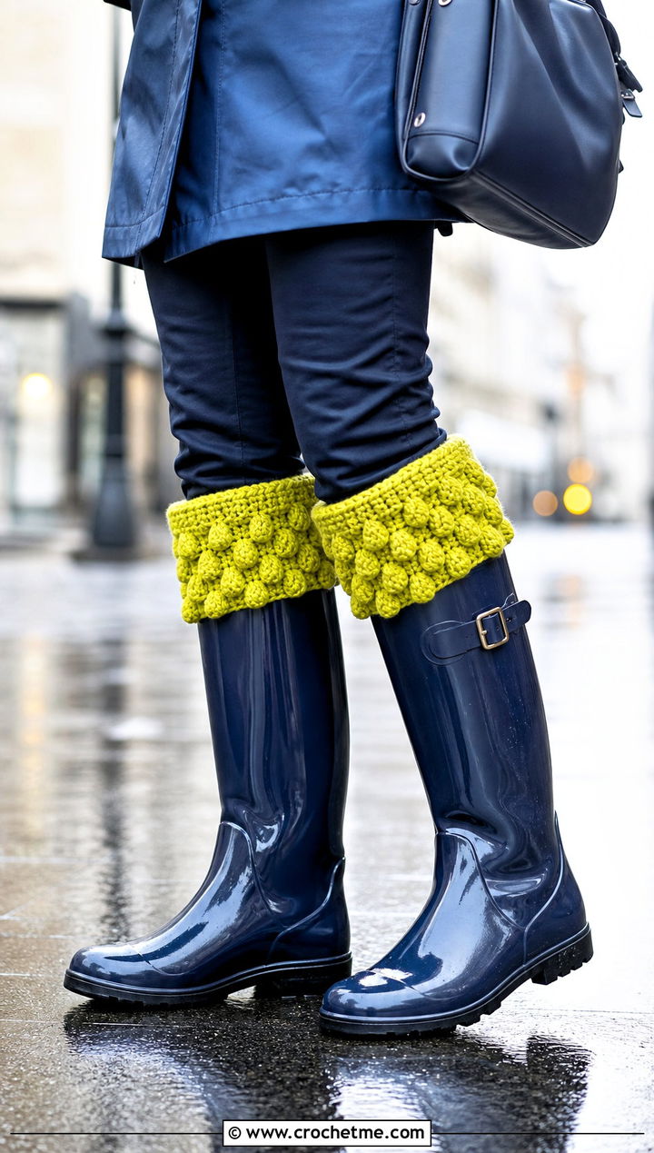 Bobble Stitch Crochet Boot Cuffs With Raincoat and Rain Boots - 30 crochet boot cuff outfit ideas