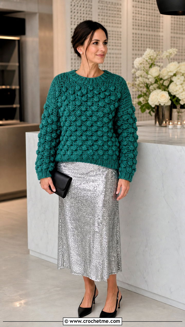 Bobble Stitch Crochet Boyfriend Sweater With Sequin Midi Skirt - 30 crochet boyfriend sweater outfit ideas