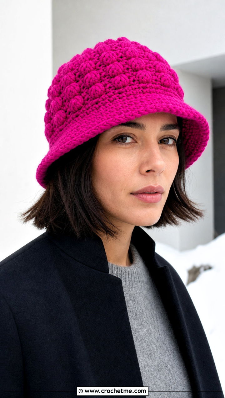 Bobble Stitch Crochet Bucket Hat With Minimalist Coat - 35 crochet winter bucket hat outfit ideas