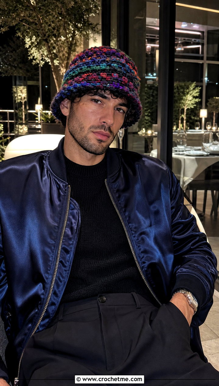 Bobble Stitch Crochet Bucket Hat With Satin Bomber And Trousers - 30 crochet bucket hat men outfit ideas