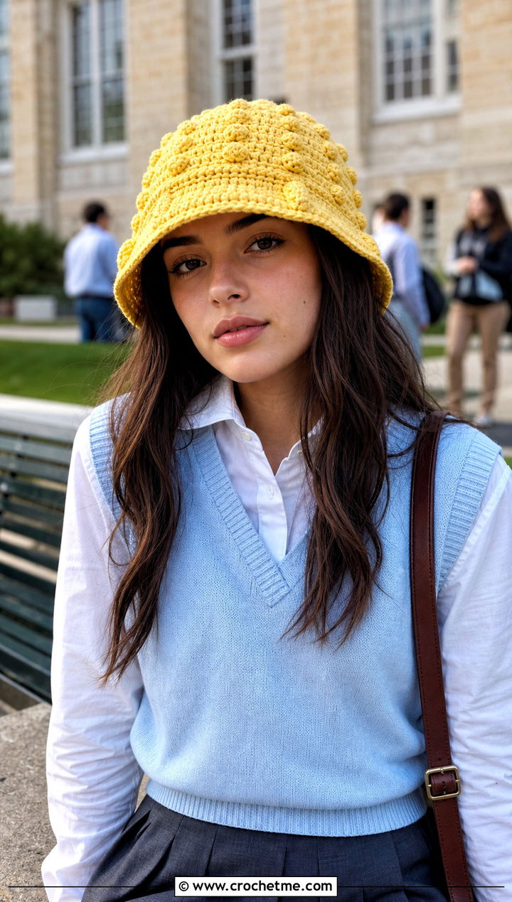 Bobble Stitch Crochet Bucket Hat With Sweater Vest - 25 Crochet Bucket Hat Design Ideas