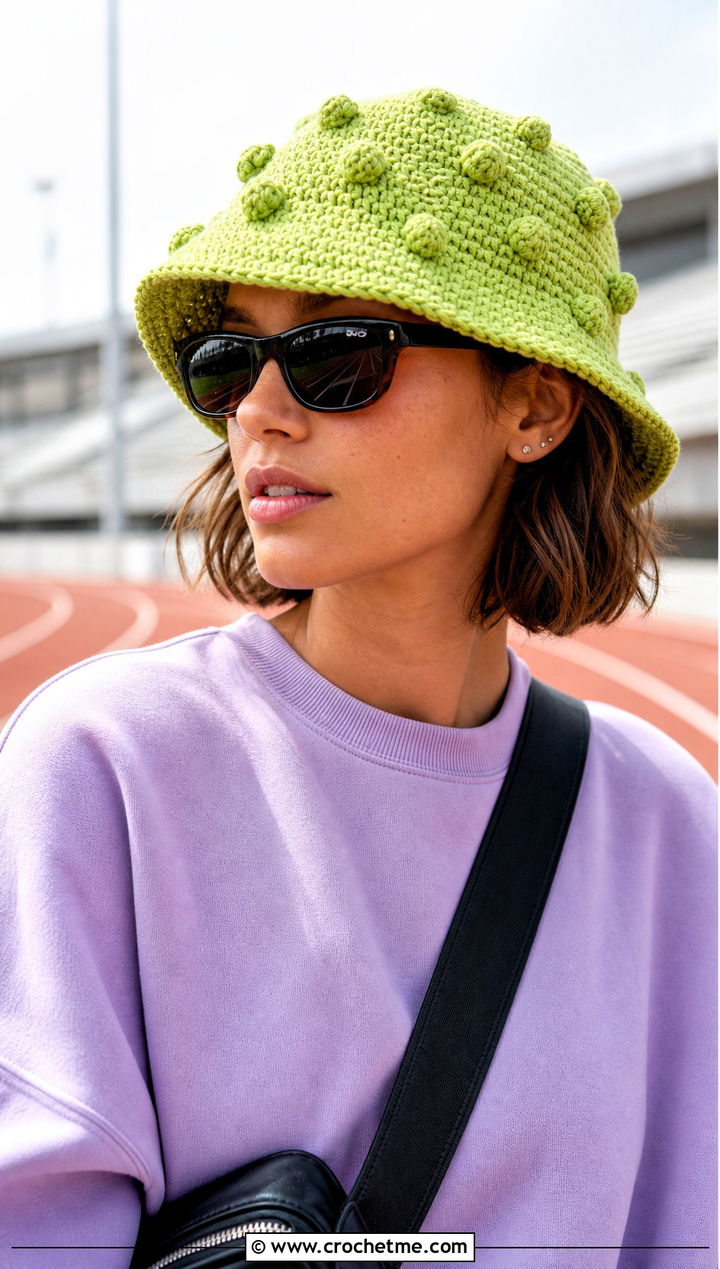 Bobble Stitch Crochet Bucket Hat With Sweatshirt And Bike Shorts - 30 easy crochet bucket hat outfit ideas