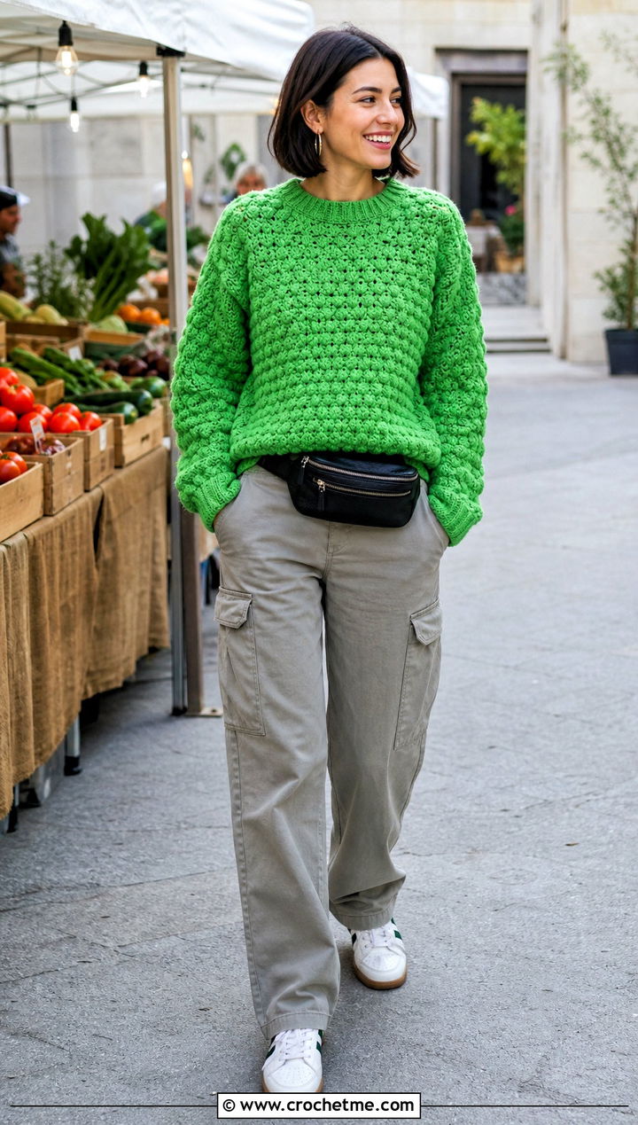 Bobble Stitch Crochet Bulky Sweater With Cargo Pants - 25 Crochet Bulky Sweater outfit ideas