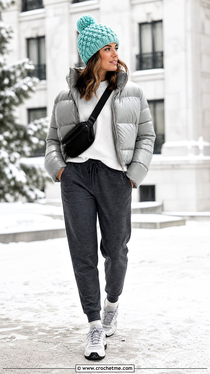 Bobble Stitch Crochet Cap With Puffer Jacket And Joggers - 35 crochet caps outfit ideas