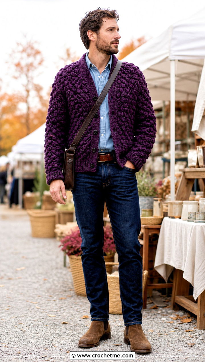 Bobble Stitch Crochet Cardigan With Double Denim - 35 mens crochet cardigan outfit ideas