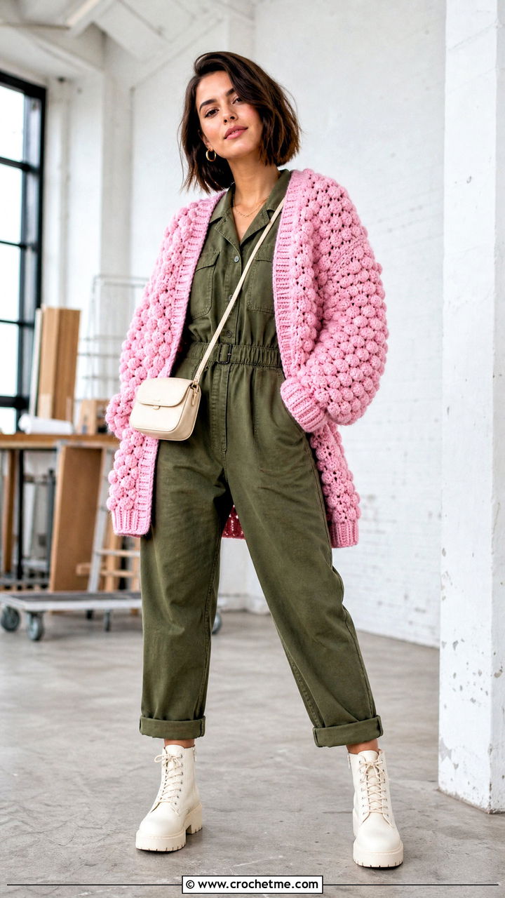 Bobble Stitch Crochet Cardigan With Utility Jumpsuit - 35 oversized crochet cardigan outfit ideas