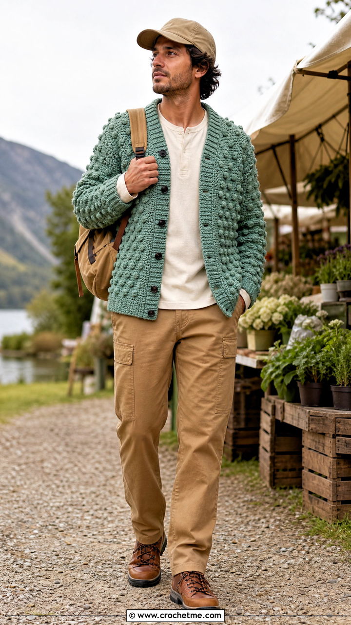 Bobble Stitch Crochet Cardigan With Utility Pants - 35 crochet cardigan men outfit ideas