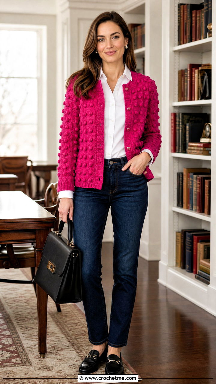 Bobble Stitch Crochet Cardigan With a Shirt and Jeans - 35 beginner crochet cardigan outfit ideas