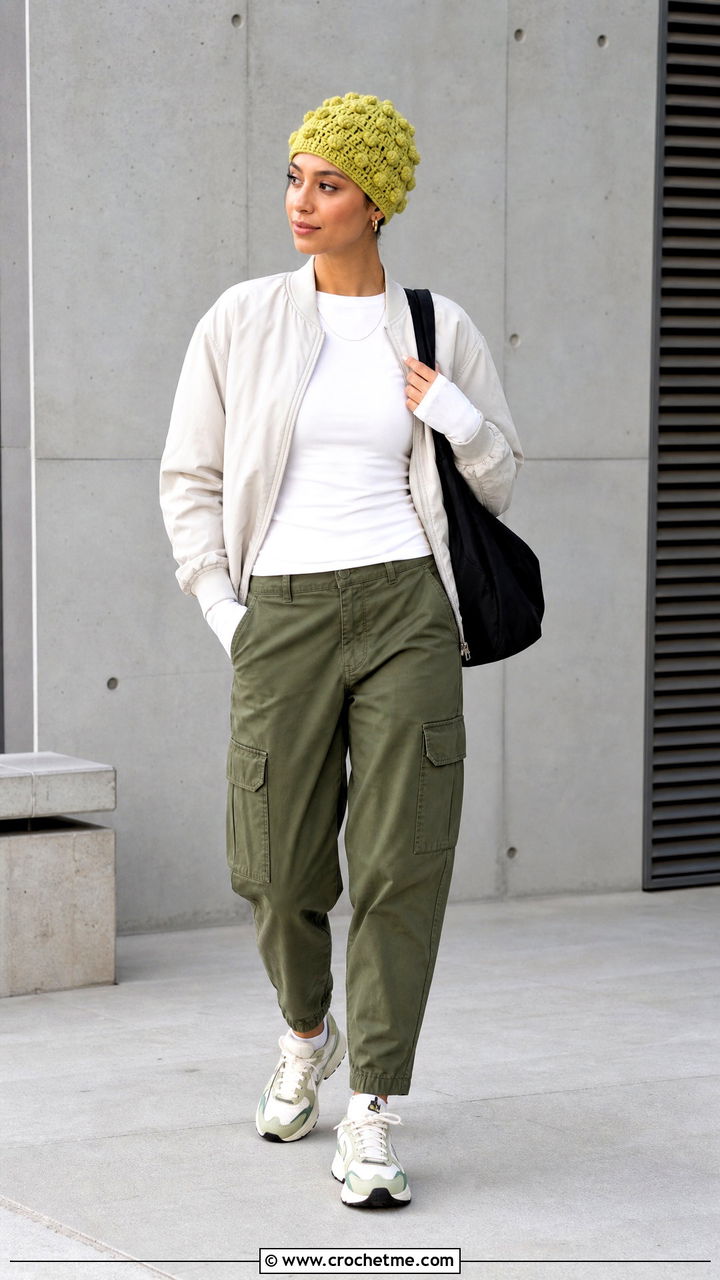 Bobble Stitch Crochet Chemo Cap With Cargo Pants - 35 crochet chemo caps outfit ideas