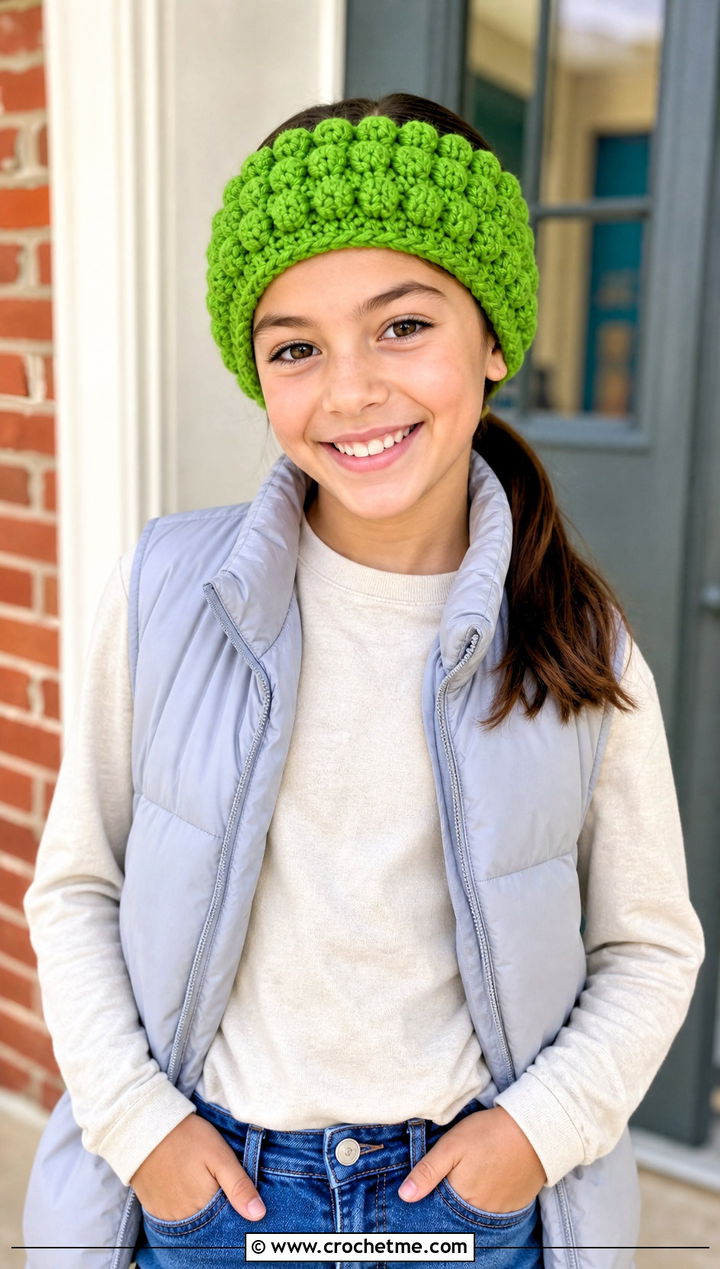 Bobble Stitch Crochet Child Headband With Puffer Vest - 20 Crochet Childs Headband outfit ideas