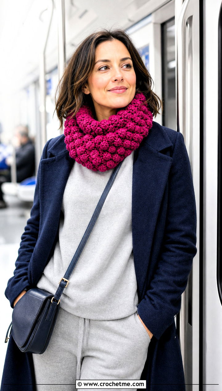 Bobble Stitch Crochet Chunky Cowl With Sweatsuit - 30 crochet chunky cowl outfit ideas