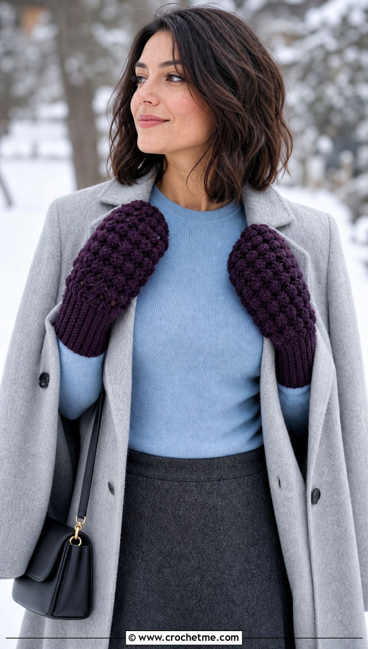 Bobble Stitch Crochet Chunky Mittens With Sweater Skirt - 30 crochet chunky mittens outfit ideas