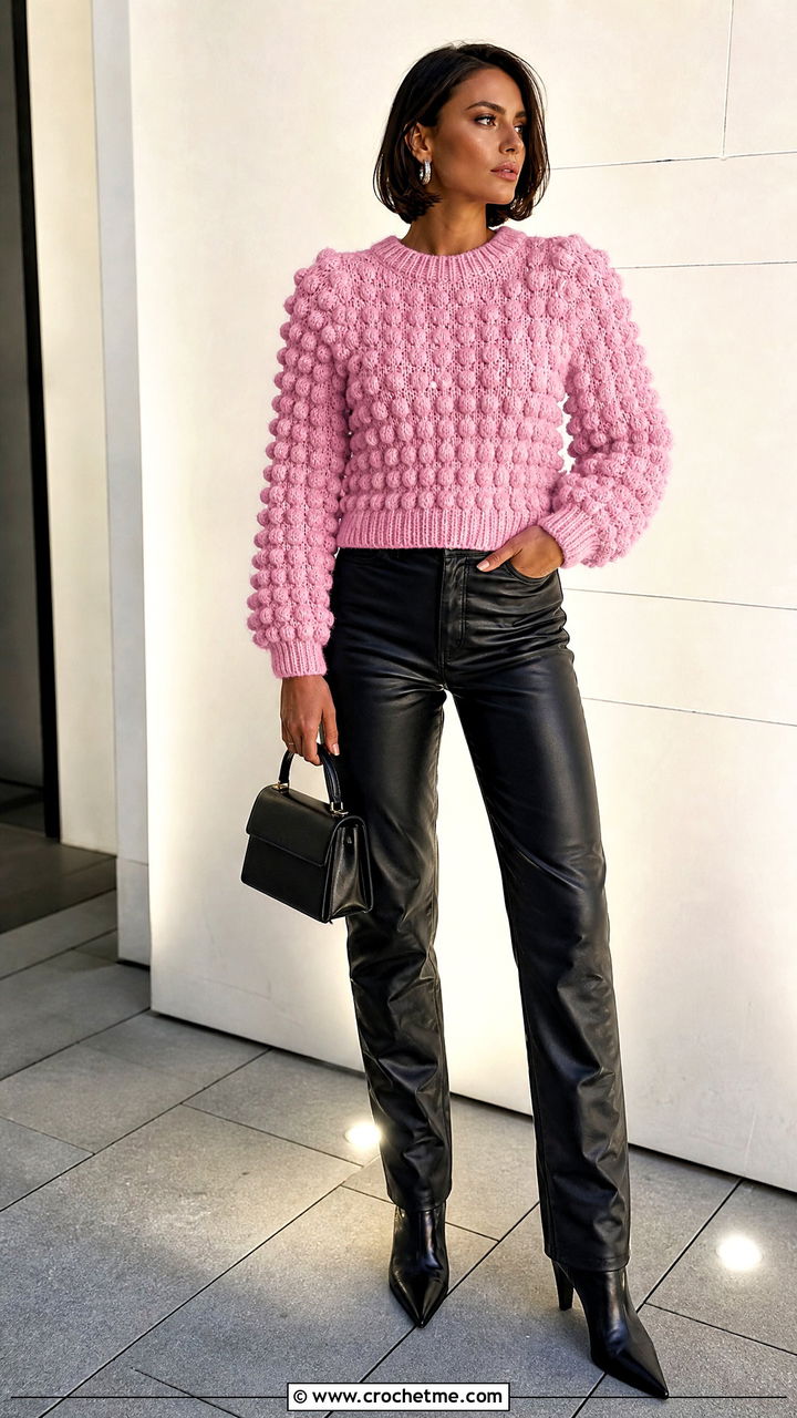 Bobble Stitch Crochet Chunky Sweater With Leather Pants - 35 crochet chunky sweater outfit ideas