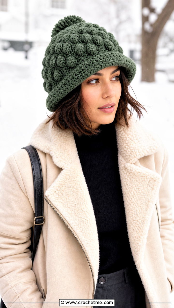Bobble Stitch Crochet Cloche Hat With Shearling Jacket - 25 flapper style crochet cloche hat outfit ideas