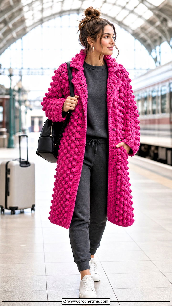 Bobble Stitch Crochet Coat With Joggers And Sneakers - 35 crochet coat outfit ideas