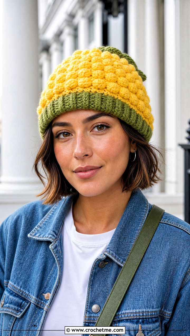Bobble Stitch Crochet Corn Beanie With Denim Jacket - 15 Crochet Corn Hat outfit ideas