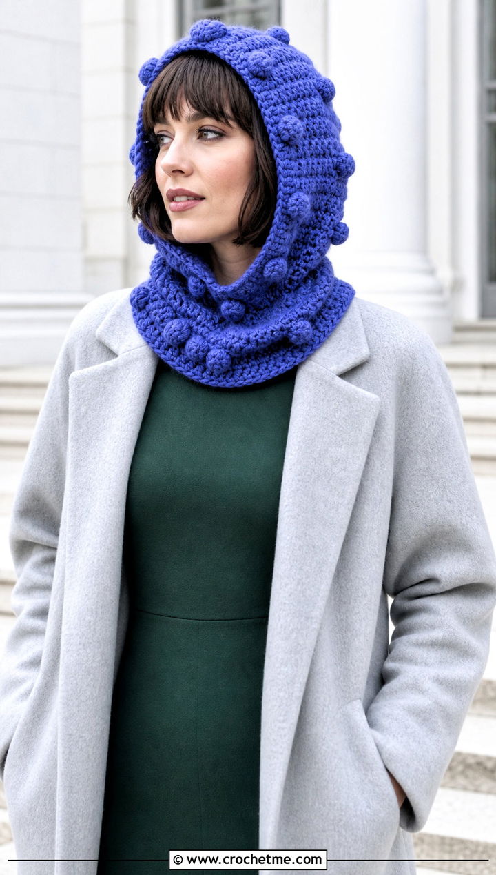 Bobble Stitch Crochet Cowl Hat With Minimal Dress - 25 crochet cowl hat outfit ideas