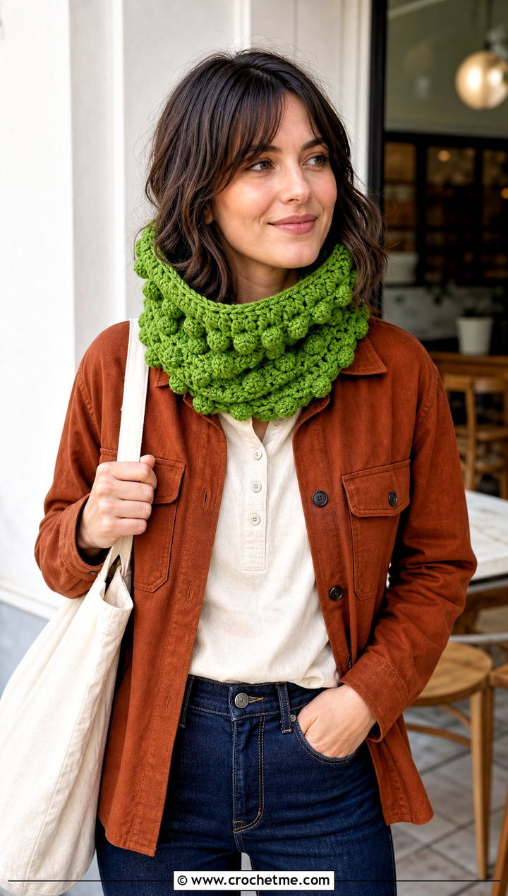 Bobble Stitch Crochet Cowl Hood With Shacket - 25 crochet cowl hood outfit ideas