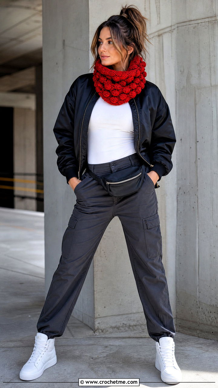 Bobble Stitch Crochet Cowl Neck Warmer With Bomber Jacket Outfit - 35 crochet cowl neck warmer outfit ideas