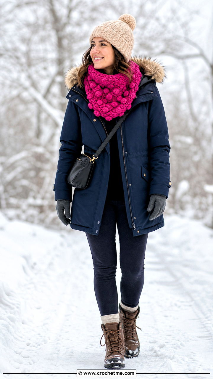 Bobble Stitch Crochet Cowl Scarf With Parka - 35 crochet cowell scarf outfit ideas