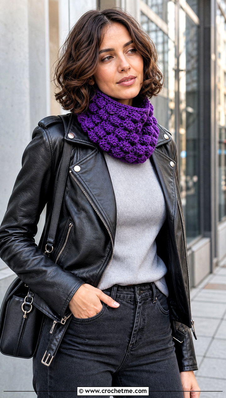 Bobble Stitch Crochet Cowl With Leather Jacket - 25 cowl crochet scarf outfit ideas