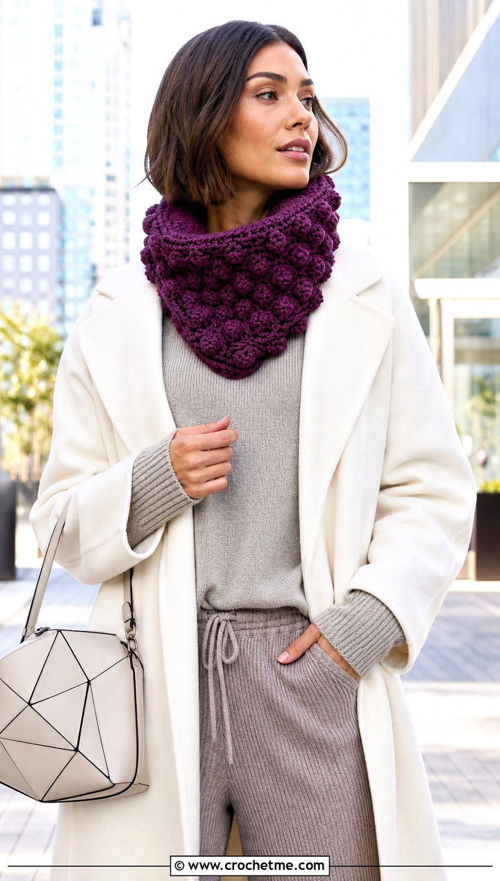 Bobble Stitch Crochet Cowl With Minimal Coat And Knit Pants - 35 crochet neck warmer cowls outfit ideas